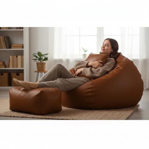 Image of Luxury 5XL Jumbo Bean Bag with Footrest & Cushion | Premium Leatherette | High-Density Beans Filled | Heavy Duty Double Stitch | 6 Months Warranty Color- (Navy Blue) (TAN)