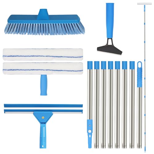 3M Telescopic Window Cleaning Kit - Extendable Pole With 35Cm Squeegee & 38Cm Scrubber For Windows, Shower Glass, Car, Rv,Glass Cleaning Tools With Silicone Squeegee & Microfiber Scrubber (New Blue)-image