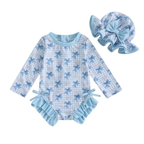 Infant Baby Girl Swimsuit Bow Print Long Sleeve Zipper One Piece Bathing Suit with Sun Hat Swimwear Rash Guard(Sky Blue,2-3T)