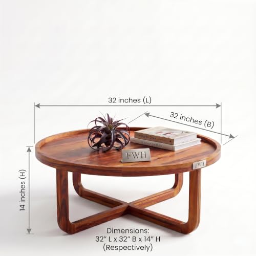 Image of Solid Wood Round Wheel Coffee Table, Wooden Center Table for Home & Office, Round Shape Coffee Table, 32x32x14.5 Inch, (Teak Finish)