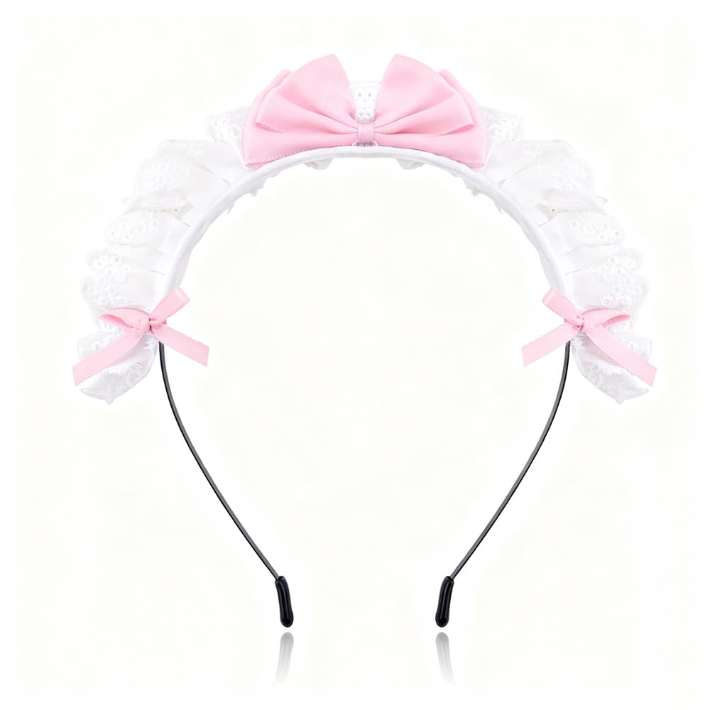 Kawaii Lace Headband with Ribbon Lace Maid Headband with Bow Headbands for Women French Maid Costume Accessories Pink Maid Headpiece Head Band with Bowknot Maid Hairband Hair Hoop for Cosplay