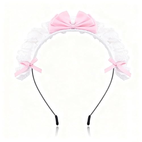 Tofwaol Kawaii Lace Headband with Ribbon Lace Maid Headband with Bow Headbands for Women French Maid Costume Accessories Pink Maid Headpiece Head Band with Bowknot Maid Hairband Hair Hoop for Cosplay - Pink