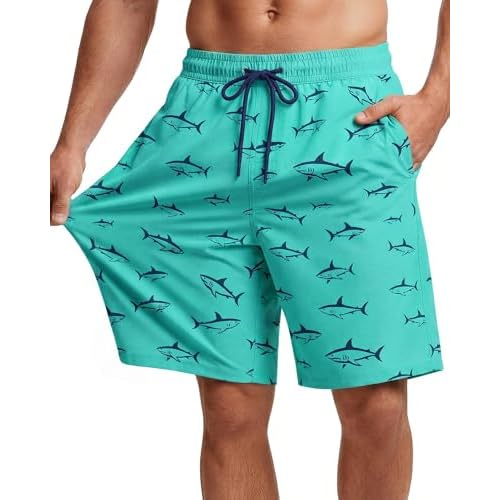 9 Inch Men Swim Trunks with Mesh Lining Breathable Quick Dry Drawstring Pockets for Summer Beach Travel Cruise Small Aqua Shark