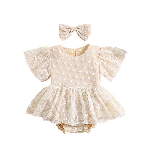 Image of My 1st Birthday Baby Girl Outfit Floral Ruffle Lace Romper Dress Onesie Newborn Infant Photoshoot Cake Smash Clothes (Apricot, 3-6 Months)
