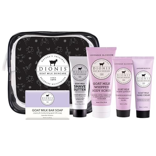 Image of Dionis Goat Milk Lavender Blossom Hand Cream, Body Lotion, Whipped Body Scrub, Shave Butter, Bar Soap 3 oz & Carrying Case 6-Piece Travel Set