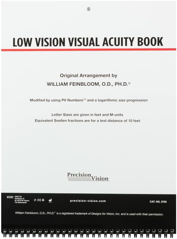 Low Vision Visual Acuity Book Utilizing PV Number, Testing at 3 Meters (10 Feet), Feinbloom Chart