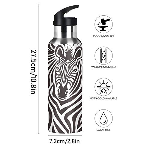 African Animal Zebra Print Sport Water Bottle With Straw, Vacuum Insulated Stainless Steel Thermal Flask Leakproof Bpa Free Drinking Bottle For Gym Fitness Camping-20Oz/600Ml #TOP1