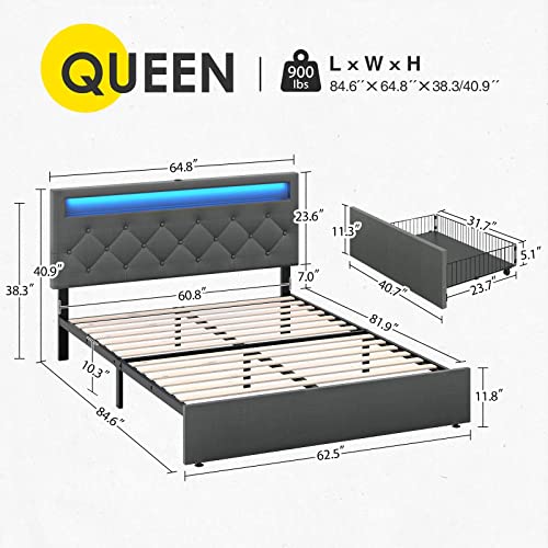Rolanstar Queen Size Bed Frame With Led Lights And Usb Ports, Upholstered Bed With Adjustable Headboard And 4 Storage Drawers, No Box Spring Needed, Easy Assembly, Dark Grey #TOP4