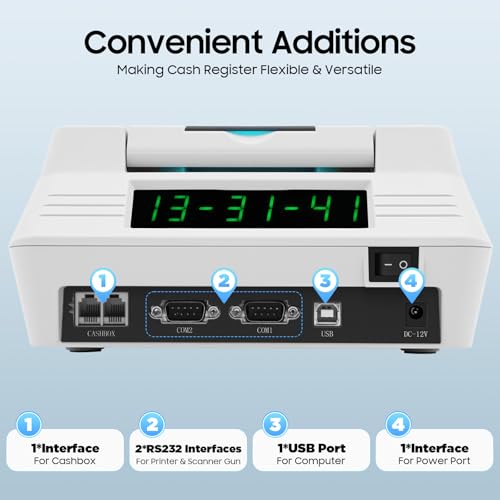 BGSHKAL 40W Electronic Cash Register for Small Businesses, 40 Keys Cash Management System Cash Registers POS Cash System RS232 Interface Type 8-Bit Display Guest Screen Type 2.75 In/Second Print Speed