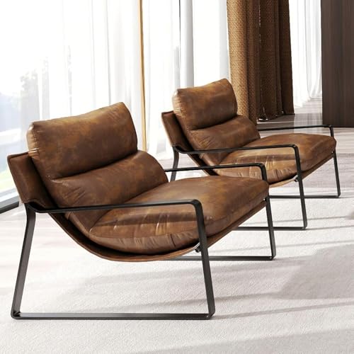 LukeAlon Modern PU Leather Accent Armchairs Set of 2, Upholstered Soft Living Room Chairs with Black Metal Legs Removable Thickened Cushion Sofa Chairs Lounge Chair for Bedroom Living Room, Brown