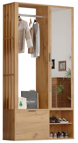 Hennhari Porte-vêtements avec Banc à Chaussures, Porte-Manteau avec Miroir, Meuble d'entrée avec Tringle, Étagère à Manteaux/Chapeaux/Sacs (Couleur Bois)