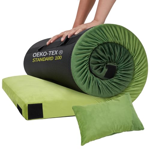 Memory Foam Camping Mattress, Comfortable Memory Foam Camping Pad with Pillow and Travel Bag, Portable, Foldable for Hiking & Travel, Green 75 * 38 * 3