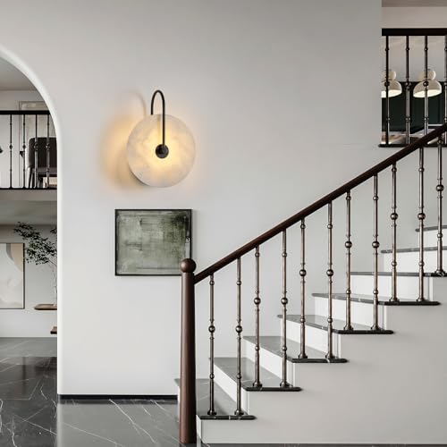 Fanyank Round Alabaster Wall Sconce Set of Two, Natural Marble Lampshade Wall Sconce, Hardwired Circular Sconce LED Modern Wall Lamp for Bedroom, Stairs, Living Room, Bedside, Hallway 9.84 Inch Black by Fanyank - Used condition - Image 6