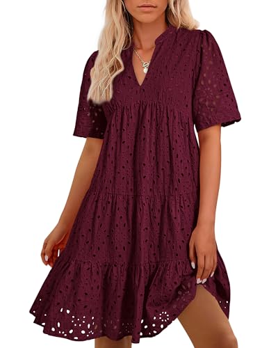 Image of BTFBM Womens Boho Summer Dresses 2026 Spring V Neck Short Sleeve Hollow Out Lace Ruffle Casual Beach Mini Vacation Dress