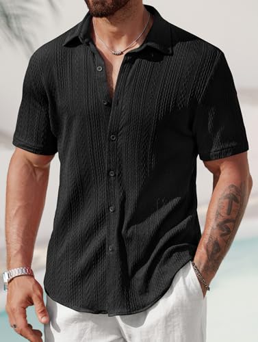 Mens Summer Textured Shirts Short Sleeve Casual Button Down Shirt Beach Vacation Tops (S-XXL)2