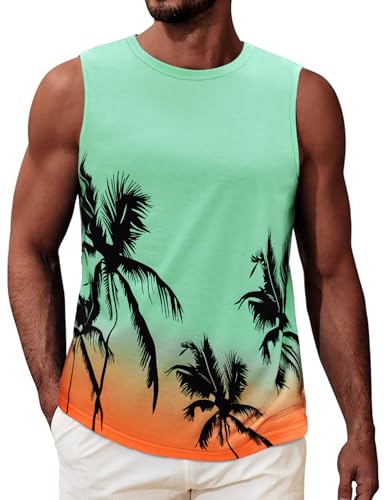 Image of heekpek Mens Vests Tops Sleeveless Tshirt Men Tank Top Summer Round Neck Graphic Palm Tree Vests for Beach Holiday Gym, Orange+Green, XXL