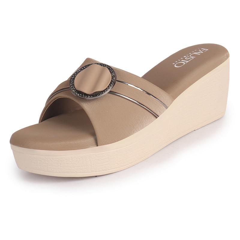 Image of FAUSTO Women Buckle Design Wedge Heel Sandals | Comfortable Slip-On Platform Slides For All Day Wear, Casual and Party | Soft Cushioned Insole