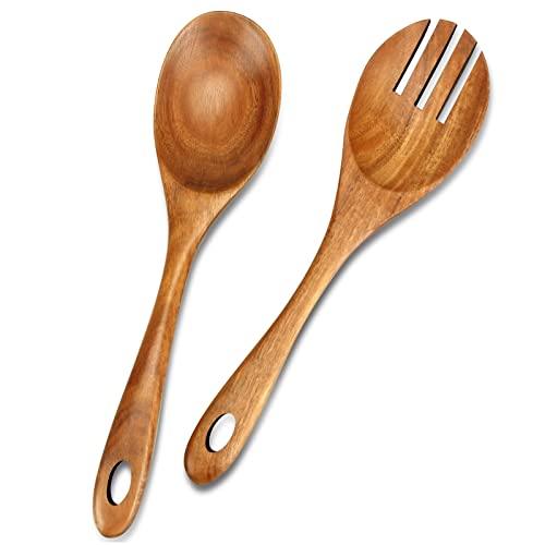 Best Wooden Spoon Fork Set 10 inch Long Salad Fork Mixing Spoon Dinner Fork Wood Kitchen Flatware Utensil Spoons