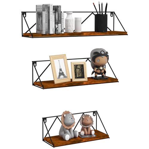 HOMCOM Juego de 3 Estantes Flotantes Industrial Baldas de Pared Estanterías Colgantes para Salón Dormitorio Pasillo Cocina 30x12x12 cm 40x12x12 cm 50x12x12 cm Marrón Rústico y Negro