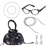 Old Lady Costume Set Eyeglasses Chain Necklace Bracelet Earring and Handbag 100 Days of School Granny Accessories for Halloween Cosplay Multicolor