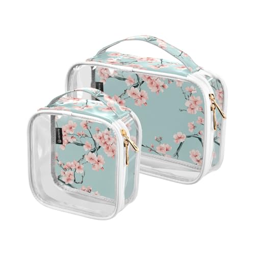 Paquete de 2 neceseres pequeños decorativos transparentes aprobados por la TSA, color melocotón, flor de cerezo, verde azulado, portátil, para viajes, kit de afeitado para hombre