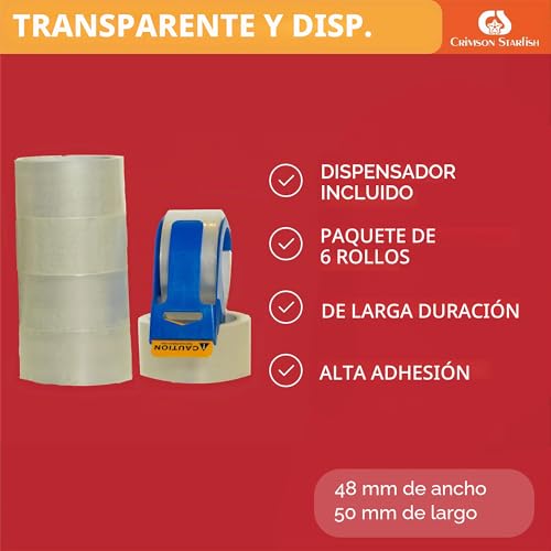 Miniatura 7 de Crimson Starfish 6 Rollos Cinta Adhesiva Transparente Para Paquetes, Cajas, Cartones, Franqueo, Mudanza Precinto Transparente De Embalaje 48mm X 66m