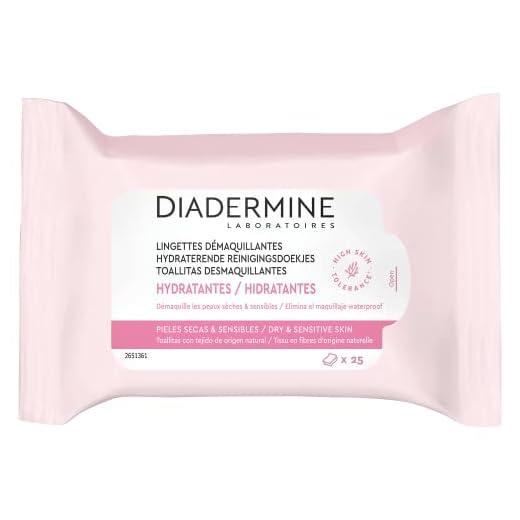 Diadermine - Toallitas Desmaquillantes Limpiadoras Hidratantes - Limpiador Facial - Piel seca y sensible - Alta tolerancia - Paquete de 25 piezas de fibra de orgina natural