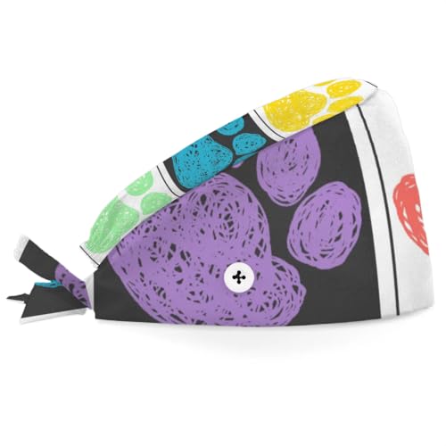 Mularoka Painted Grid Dog Paw Prints Working Caps with Button Sweatband Comfortable Adjustable Bouffant Hats Work Hat for Women Men