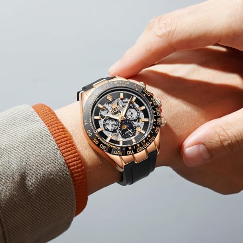 Image of OLEVS Self Winding Watches for Men Automatic Mechanical Skeleton Luxury Dress Waterproof Moon Phase Tourbillon Chronograph Stainless Steel Luminous Wristwatch