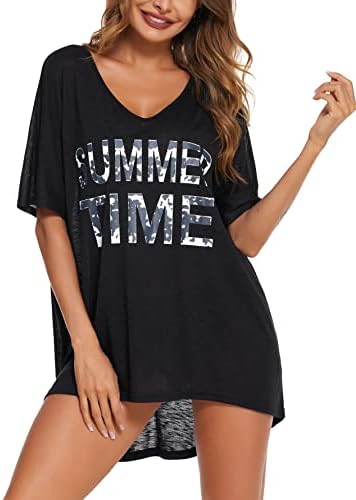 AI'MAGE Strandoverkledingen voor dames zomer korte mouwen strandjurk lichtgewicht elegant strandkleding V-hals prints bikini loungewear S-XXL, Wit, XL
