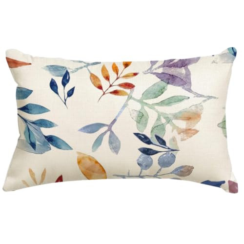 Image of Fall Pillow Covers 12x20 inch Blue White Fallen Leaves Decorative Outdoor Lumbar Throw Pillow Covers Autumn Thanksgiving Farmhouse Decoration for Home Couch