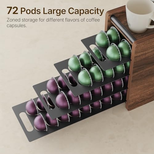Image of YATINEY Coffee Pod Drawer Holder, 72 Pods Large Capacity, 4 Tier Holder for Vertuo, Coffee Pod Organizer for Countertop, Storage Rack for Nespresso Vertuo Pods, Space Saving, Walnut KH06BH
