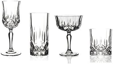 Opera Maison Italian Crystal Drinkware Set with 4X Wine Glasses (23cl), 4X Highball Mixer Glasses (35cl), 4X Champagne Saucers (24cl) and 4X Whisky Tumblers (30cl) (16 Pieces)
