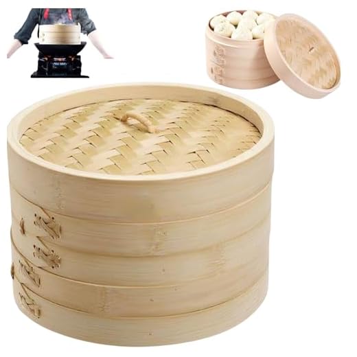 THW® 7 inch Bamboo Wood Based Round Shape 2 Dimsum Basket with 1 Lid Momos/Dimsum Steamer - Used for Steaming Dim Sum, Buns, Dumplings, Vegetables fis Rice and Chicken (Diameter 7 Inch Approx))