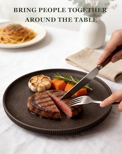 Image of OTAGO 16-Piece Dinnerware Set for 4 with Mugs, Ribbed Stoneware Plates and Bowls Sets, Unique Handcrafted Reactive Glaze, Chip and Scratch Resistant Dish Set, Microwave & Dishwasher Safe, Black