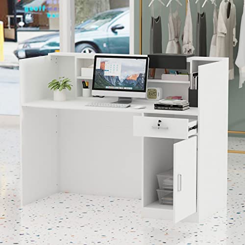 Didugo Reception Desk Front Desk Reception Counter With Moveable Shelves, Reception Desk With Counter, Lockable Drawer, Black Tapes, For Lobby Salon White (55.1”W X 23.6”D X 43.3”H) #TOP2