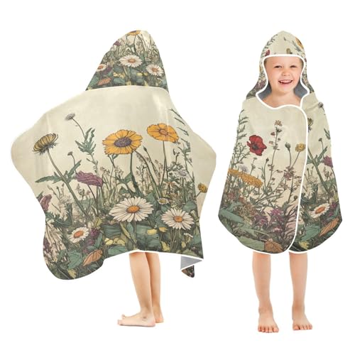 Kigai Wildflowers Hooded Beach Towel for Kids Soft Absorbent Quick Dry Bath Towel with Hood Lightweight Toddler Shower Pool Bath Wrap for Boys Girls