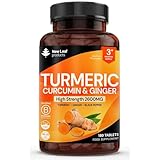 Turmeric Tablets with Black Pepper & Ginger - Curcumin - 180 Turmeric and Black Pepper Tablets (3 Month) High Strength Active Turmeric Supplements Not Capsules, by New Leaf