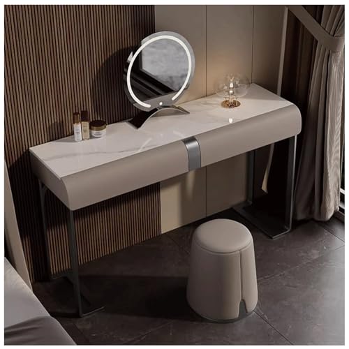 Moderna mesa de tocador de maquillaje con espejo LED ajustable, 2 cajones, taburete tapizado, elegante tocador para dormitorio, juego de tocador contemporáneo