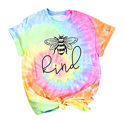 Great Features Of Dosoop Women Bee Kind Pattern Print Short Sleeve Tie Dye Graphic Tees Crewneck T S...