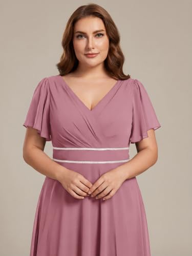 Image of Ever-Pretty Plus Women's Chiffon V-Neck Beading Ruffles Sleeves Maxi High Low Plus Size Formal Dresses