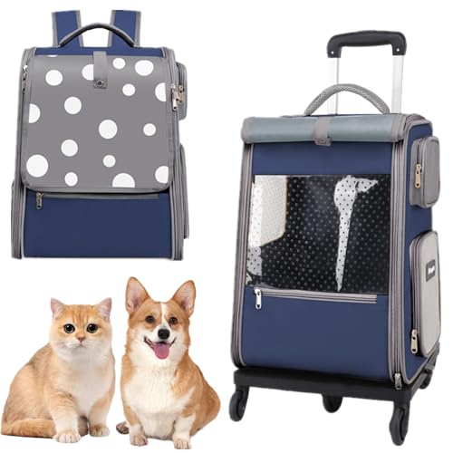 サムコス ペットキャリー リュック キャスター付き 3way多機能設計 小型犬 猫対応 キャリーケース 分離式&折り畳み可能な車輪 猫用キャリーバッグ メッシュ 通気性 旅行 散歩 通院 防災 災害時 避難用 トロリーバッグ (青)