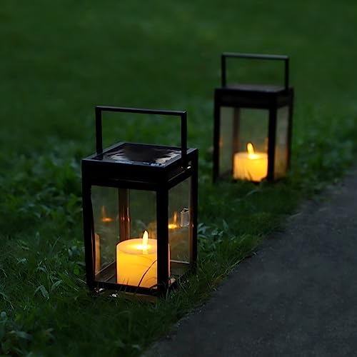 Image of Techko Outdoor Solar Flickering Candle Lantern Farmhouse Modern Light Design with Handle, Realistic Safe Flameless, Waterproof IP65