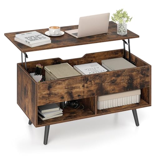 COSTWAY Lift Up Top Coffee Table, Wooden Lifting Cocktail Center Table with Hidden Storage Compartment and Open Shelves, Rectangle Accent Sofa Side Tea Tables for Living Room Office (Rustic Brown)