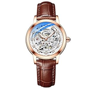 RORIOS Dameshorloge, waterdicht, mechanisch automatisch horloge met leren band, skeleton, tourbillon-horloges, modieus, oplichtend horloge voor meisjes en vrouwen