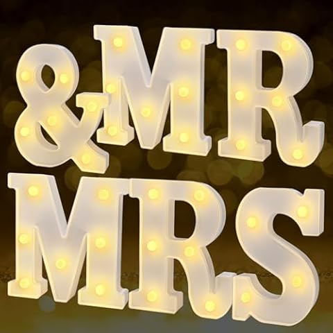 JUSTOTRY 6Pcs Mr & Mrs LED Light Up Letters, Shiny Freestanding Mr and Mrs Sign Lights for Marriage Anniversary Celebration Engagement Banquet Wedding Table Decoration (Warm White) Cover