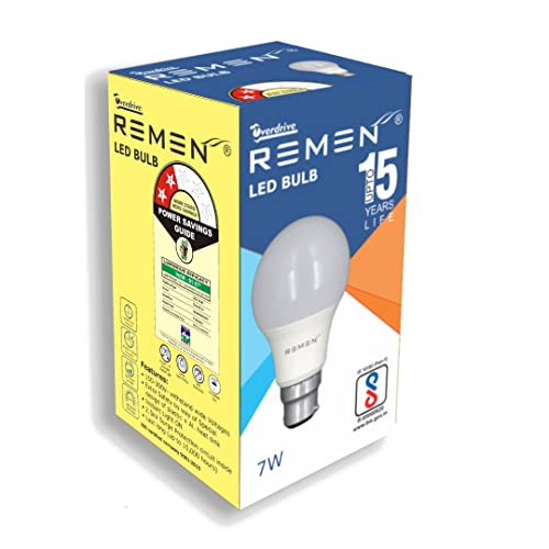 Image of REMEN B22 7-Watt LED Bulb for Home & Office | Cool Day Light (6500K) with 700 Lumens (White, Pack of 1)