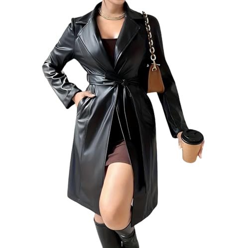 Women Black Leather Trench Coat Long Leather Jacket Women Long Sleeve Motorcycle Biker With Belt