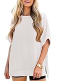 Tankaneo Womens Oversized T Shirts Summer Casual Loose Fit Ribbed Batwing Short Sleeve Tunic Tops White