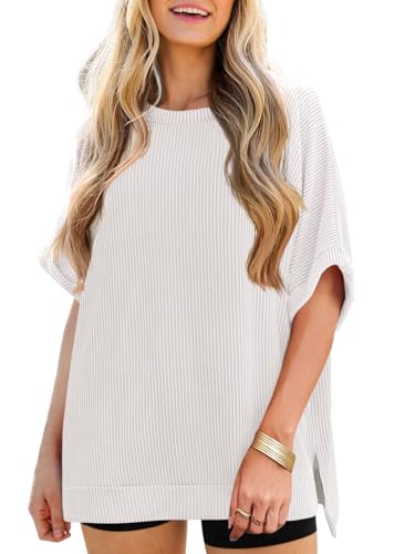 Tankaneo Womens Oversized T Shirts Summer Casual Loose Fit Ribbed Batwing Short Sleeve Tunic Tops White